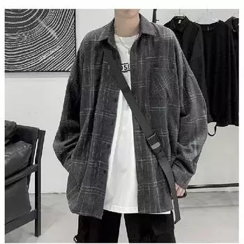 Рубашка с длинным рукавом, мужская летняя новая тенденция, подростковая рубашка, гонконгский стиль, японский стиль, свободная куртка-рубашка Plus Inch M чёрный