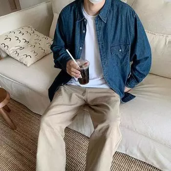 Рубашка с длинным рукавом, мужская рубашка из чистого хлопка, повседневная мужская одежда в корейском стиле, приталенная джинсовая куртка, весенняя и осенняя модная одежда M синий
