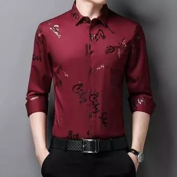 Рубашка с длинным рукавом мужская весна и осень новая свободная повседневная рубашка с принтом M синий