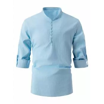 Рубашка с длинным рукавом, мужские топы, весенне-осенний хлопок, лен, воротник-стойка, деловые пуговицы, повседневные рубашки, белый, черный, синий S белый