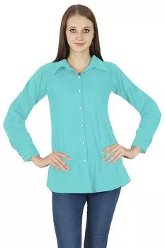 Рубашка с длинным рукавом на пуговицах Курта Хлопковая рубашка Блузка Женская одежда 10 аква голубой
