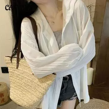 Рубашка с длинным рукавом от солнца женская большого размера летняя повседневная с капюшоном рубашка с кондиционером куртка S белый