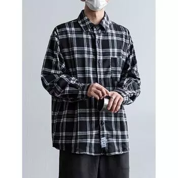 Рубашка с длинным рукавом с буквенным принтом 2024 года в японском стиле в стиле Гонконга, свободная рубашка для мальчиков, летнее модное универсальное повседневное пальто M чёрный