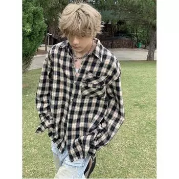 Рубашка с длинным рукавом с буквенным принтом 2024 года в японском стиле в стиле Гонконга, свободная рубашка для мальчиков, летнее модное универсальное повседневное пальто M чёрный