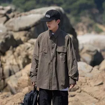 Рубашка с длинным рукавом с буквенным принтом 2024 года в японском стиле в стиле Гонконга, свободная рубашка для мальчиков, летнее модное универсальное повседневное пальто M абрикосовый