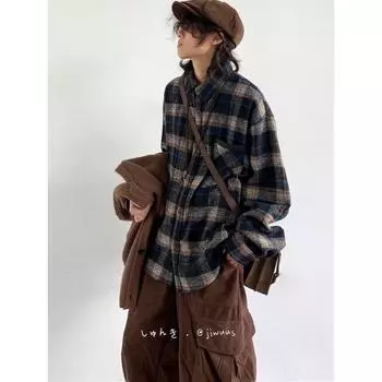 Рубашка с длинным рукавом с буквенным принтом 2024 года в японском стиле в стиле Гонконга, свободная рубашка для мальчиков, летнее модное универсальное повседневное пальто M коричневый