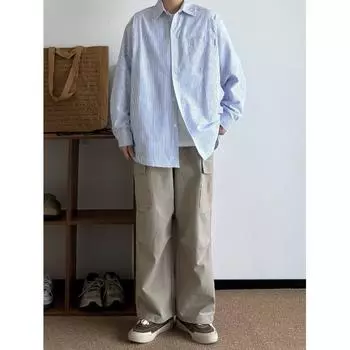 Рубашка с длинным рукавом с буквенным принтом 2024 года в японском стиле в стиле Гонконга, свободная рубашка для мальчиков, летнее модное универсальное повседневное пальто M синий