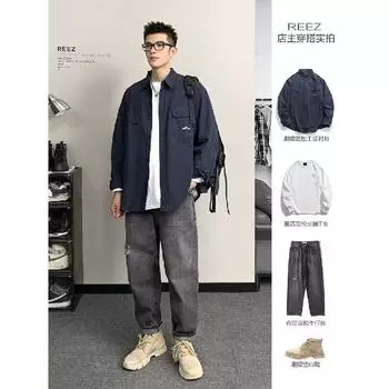 Рубашка с длинным рукавом с буквенным принтом 2024 года в японском стиле в стиле Гонконга, свободная рубашка для мальчиков, летнее модное универсальное повседневное пальто M абрикосовый