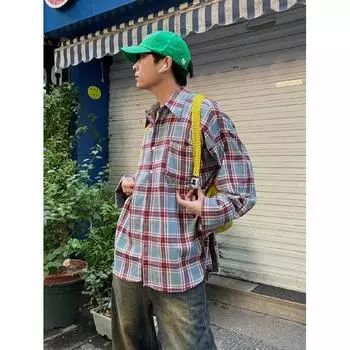 Рубашка с длинным рукавом с буквенным принтом 2024 года в японском стиле в стиле Гонконга, свободная рубашка для мальчиков, летнее модное универсальное повседневное пальто M синий