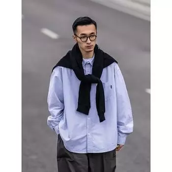 Рубашка с длинным рукавом с буквенным принтом 2024 года в японском стиле в стиле Гонконга, свободная рубашка для мальчиков, летнее модное универсальное повседневное пальто M синий