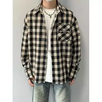 Рубашка с длинным рукавом с буквенным принтом 2024 года в японском стиле в стиле Гонконга, свободная рубашка для мальчиков, летнее модное универсальное повседневное пальто M чёрный