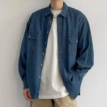 Рубашка с длинным рукавом с буквенным принтом 2024 года в японском стиле в стиле Гонконга, свободная рубашка для мальчиков, летнее модное универсальное повседневное пальто M синий