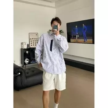Рубашка с длинным рукавом с буквенным принтом 2024 года в японском стиле в стиле Гонконга, свободная рубашка для мальчиков, летнее модное универсальное повседневное пальто M светло-синий