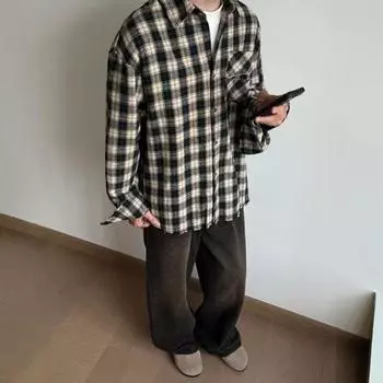 Рубашка с длинным рукавом с буквенным принтом 2024 года в японском стиле в стиле Гонконга, свободная рубашка для мальчиков, летнее модное универсальное повседневное пальто M чёрный