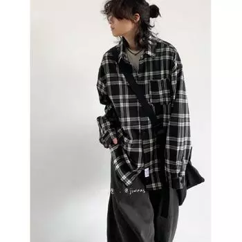 Рубашка с длинным рукавом с буквенным принтом 2024 года в японском стиле в стиле Гонконга, свободная рубашка для мальчиков, летнее модное универсальное повседневное пальто M чёрный