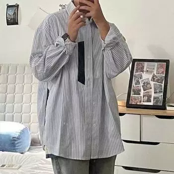 Рубашка с длинным рукавом с буквенным принтом 2024 года в японском стиле в стиле Гонконга, свободная рубашка для мальчиков, летнее модное универсальное повседневное пальто M светло-синий