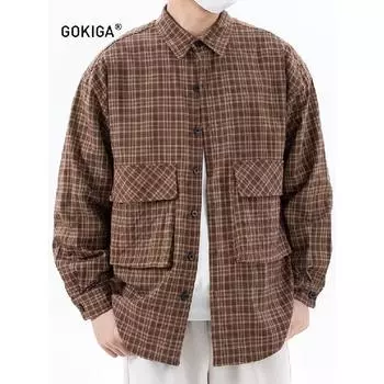 Рубашка с длинным рукавом с буквенным принтом 2024 года в японском стиле в стиле Гонконга, свободная рубашка для мальчиков, летнее модное универсальное повседневное пальто M хаки