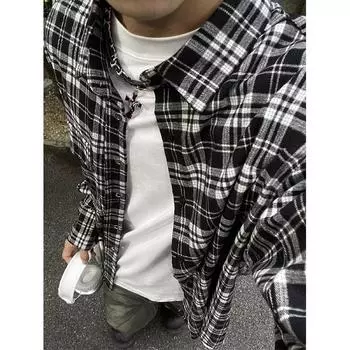 Рубашка с длинным рукавом с буквенным принтом 2024 года в японском стиле в стиле Гонконга, свободная рубашка для мальчиков, летнее модное универсальное повседневное пальто M чёрный