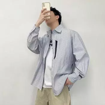 Рубашка с длинным рукавом с буквенным принтом 2024 года в японском стиле в стиле Гонконга, свободная рубашка для мальчиков, летнее модное универсальное повседневное пальто M светло-синий