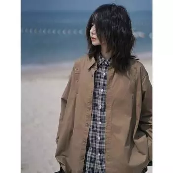 Рубашка с длинным рукавом с буквенным принтом 2024 года в японском стиле в стиле Гонконга, свободная рубашка для мальчиков, летнее модное универсальное повседневное пальто M абрикосовый