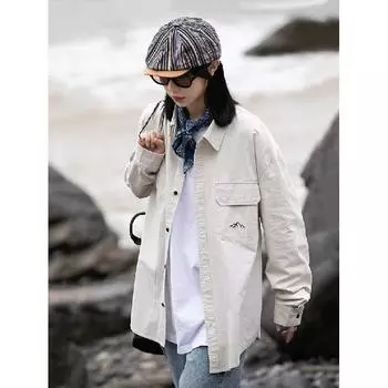 Рубашка с длинным рукавом с буквенным принтом 2024 года в японском стиле в стиле Гонконга, свободная рубашка для мальчиков, летнее модное универсальное повседневное пальто M абрикосовый