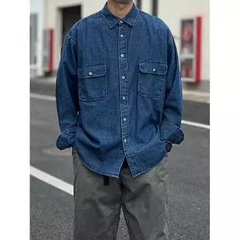 Рубашка с длинным рукавом с буквенным принтом 2024 года в японском стиле в стиле Гонконга, свободная рубашка для мальчиков, летнее модное универсальное повседневное пальто M синий