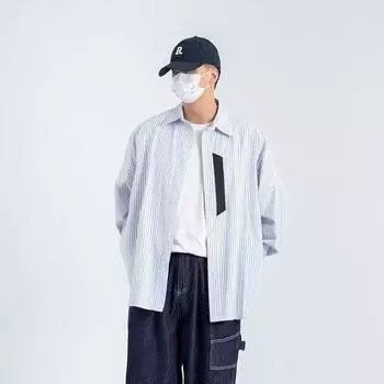 Рубашка с длинным рукавом с буквенным принтом 2024 года в японском стиле в стиле Гонконга, свободная рубашка для мальчиков, летнее модное универсальное повседневное пальто M светло-синий