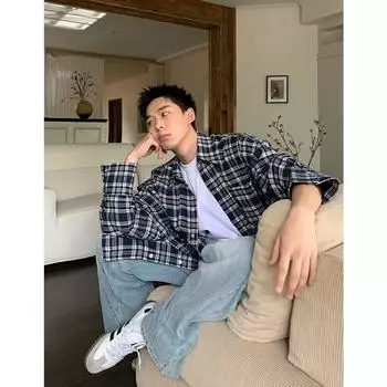 Рубашка с длинным рукавом с буквенным принтом 2024 года в японском стиле в стиле Гонконга, свободная рубашка для мальчиков, летнее модное универсальное повседневное пальто M синий