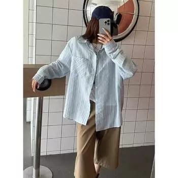 Рубашка с длинным рукавом с буквенным принтом 2024 года в японском стиле в стиле Гонконга, свободная рубашка для мальчиков, летнее модное универсальное повседневное пальто M синий