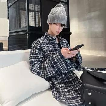 Рубашка с длинным рукавом с буквенным принтом 2024 года в японском стиле в стиле Гонконга, свободная рубашка для мальчиков, летнее модное универсальное повседневное пальто M синий