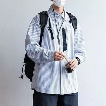 Рубашка с длинным рукавом с буквенным принтом 2024 года в японском стиле в стиле Гонконга, свободная рубашка для мальчиков, летнее модное универсальное повседневное пальто M светло-синий