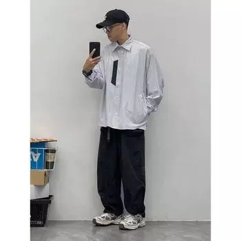 Рубашка с длинным рукавом с буквенным принтом 2024 года в японском стиле в стиле Гонконга, свободная рубашка для мальчиков, летнее модное универсальное повседневное пальто M светло-синий