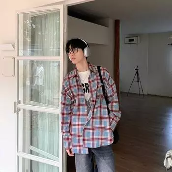 Рубашка с длинным рукавом с буквенным принтом 2024 года в японском стиле в стиле Гонконга, свободная рубашка для мальчиков, летнее модное универсальное повседневное пальто M синий