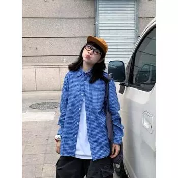 Рубашка с длинным рукавом с буквенным принтом 2024 года в японском стиле в стиле Гонконга, свободная рубашка для мальчиков, летнее модное универсальное повседневное пальто M синий