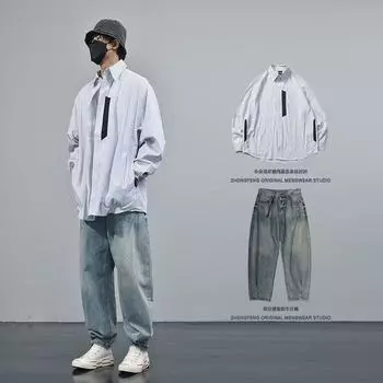 Рубашка с длинным рукавом с буквенным принтом 2024 года в японском стиле в стиле Гонконга, свободная рубашка для мальчиков, летнее модное универсальное повседневное пальто M светло-синий