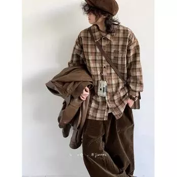 Рубашка с длинным рукавом с буквенным принтом 2024 года в японском стиле в стиле Гонконга, свободная рубашка для мальчиков, летнее модное универсальное повседневное пальто M хаки