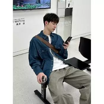 Рубашка с длинным рукавом с буквенным принтом 2024 года в японском стиле в стиле Гонконга, свободная рубашка для мальчиков, летнее модное универсальное повседневное пальто M синий