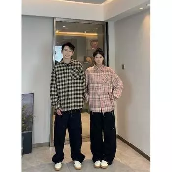 Рубашка с длинным рукавом с буквенным принтом 2024 года в японском стиле в стиле Гонконга, свободная рубашка для мальчиков, летнее модное универсальное повседневное пальто M чёрный