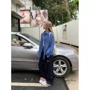 Рубашка с длинным рукавом с буквенным принтом 2024 года в японском стиле в стиле Гонконга, свободная рубашка для мальчиков, летнее модное универсальное повседневное пальто M синий