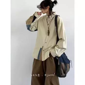 Рубашка с длинным рукавом с буквенным принтом 2024 года в японском стиле в стиле Гонконга, свободная рубашка для мальчиков, летнее модное универсальное повседневное пальто M абрикосовый