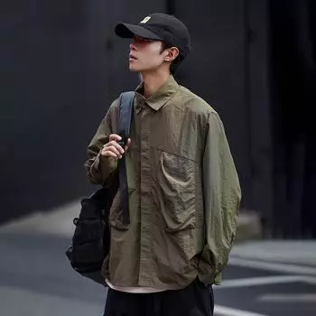 Рубашка с длинным рукавом с буквенным принтом 2024 года в японском стиле в стиле Гонконга, свободная рубашка для мальчиков, летнее модное универсальное повседневное пальто M зелёный