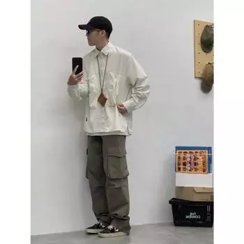Рубашка с длинным рукавом с буквенным принтом 2024 года в японском стиле в стиле Гонконга, свободная рубашка для мальчиков, летнее модное универсальное повседневное пальто M зелёный