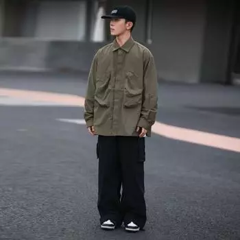 Рубашка с длинным рукавом с буквенным принтом 2024 года в японском стиле в стиле Гонконга, свободная рубашка для мальчиков, летнее модное универсальное повседневное пальто M зелёный