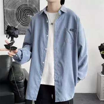 Рубашка с длинным рукавом с напечатанными буквами в японском стиле в стиле Гонконга, свободная рубашка для мальчиков, летнее модное универсальное повседневное пальто M чёрный