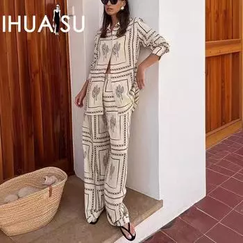 Рубашка с длинным рукавом с принтом IHUASU + брюки Два комплекта домашней одежды S