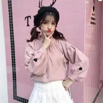 Рубашка с длинным рукавом с вышивкой Love, женская, с полувысоким воротом, одним рядом пуговиц, рукав-фонарик XS розовый