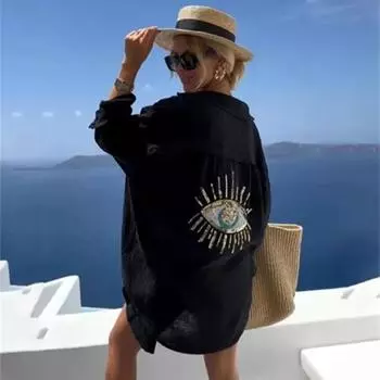 Рубашка с длинным рукавом, свободная, с пайетками, отложной кардиган, топы, однобортный, однотонный, повседневный, пляжный, длинная блузка, лето M хаки