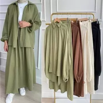 Рубашка с длинным рукавом + юбки из 2 предметов, элегантные мусульманские женские комплекты Абая Дубай, Турция, исламские повседневные топы, однотонная юбка, модная XS чёрный