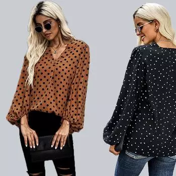 Рубашка с длинным рукавом в горошек для женщин, v-образный вырез, свободная талия, фонарь с длинным рукавом, повседневная стильная простая тонкая рубашка, дышащий легкий пуловер плюс топ S чёрный