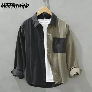 Рубашка с длинным рукавом в японском стиле для мужчин, повседневная, весна-осень, мужской топ из чистого хлопка, молодежная уличная модная рубашка в стиле пэчворк M